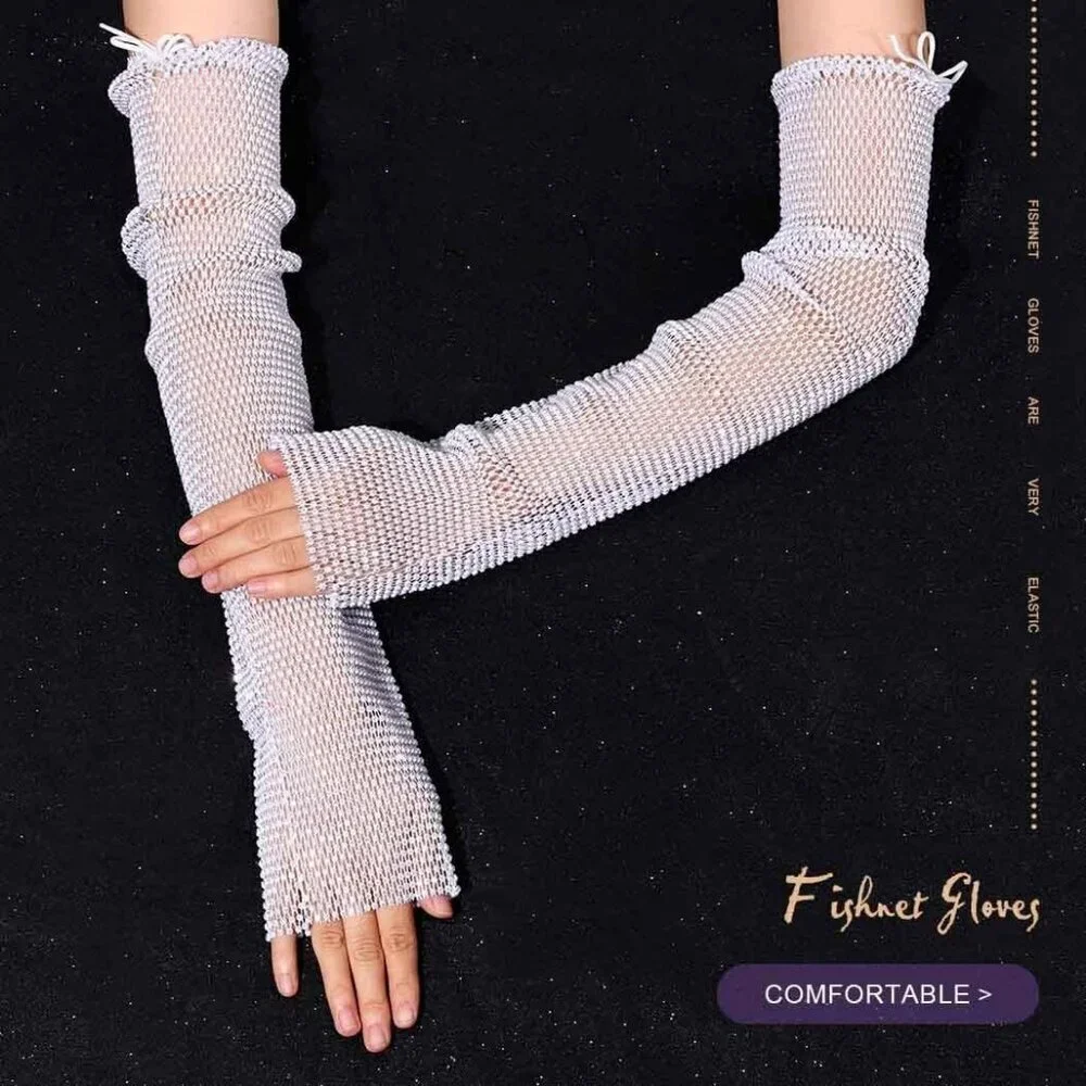 Women's White Rave Rhinestone Gloves Fingerless White New Year Mesh Arm Sleeves